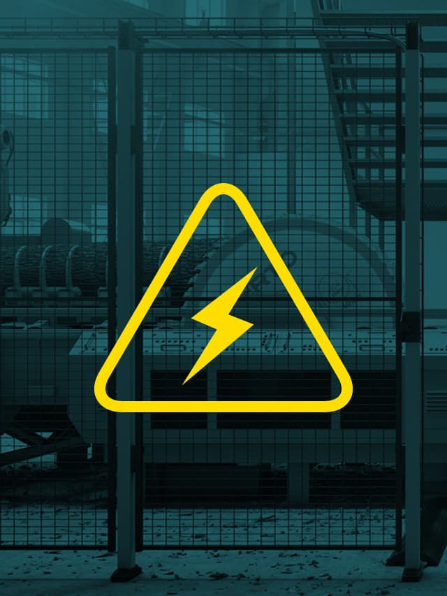 Industrial guard fencing with an overlaid yellow electrical hazard symbol, emphasizing the importance of protective bonding to mitigate electrical risks. The image highlights safety measures to prevent electrical faults and ensure a secure work environment.