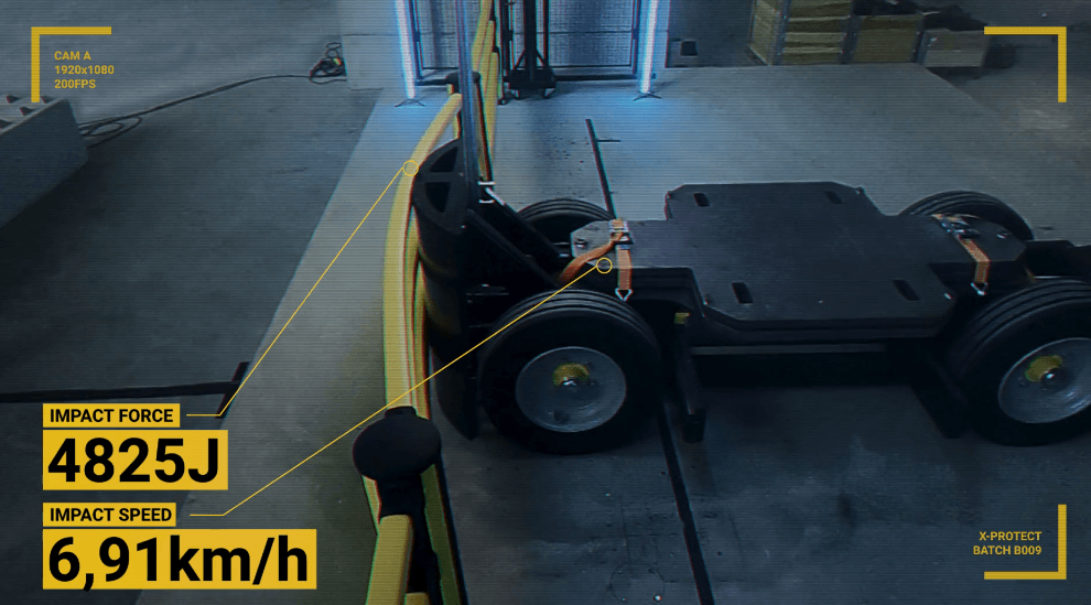 Axelent polymer pedestrian barrier is shown absorbing force during a impact test