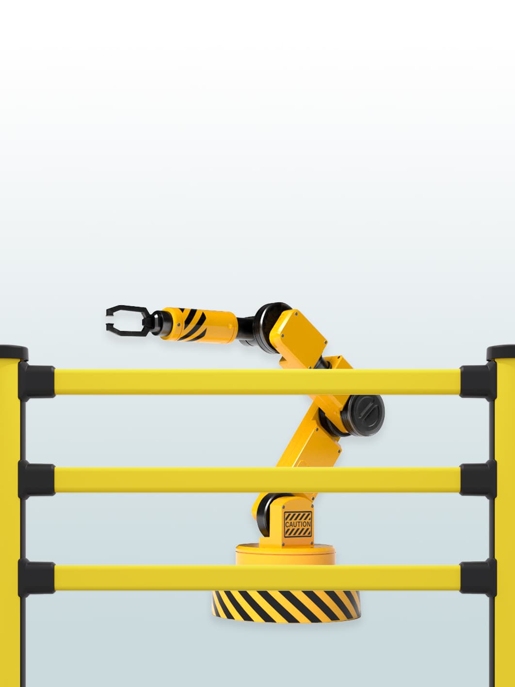 Illustration of robot arm behind a yellow impact protection barrier