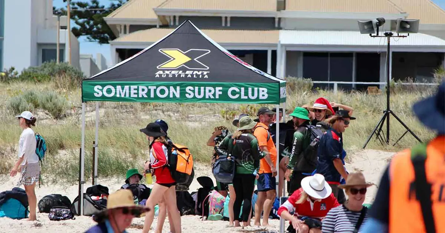 somerton surf clubtent on a beach