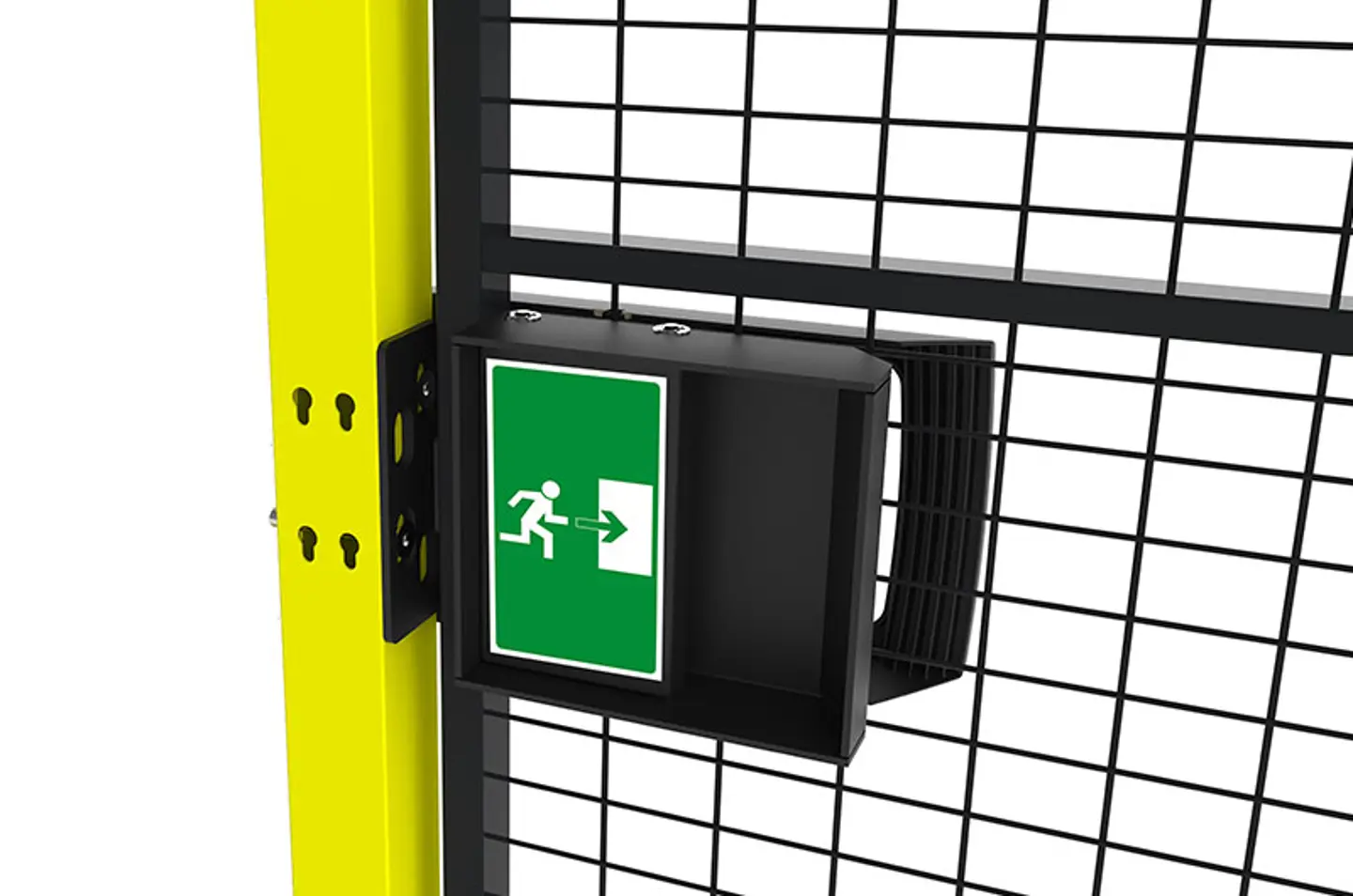 An escape release handle mounted on a black mesh panel